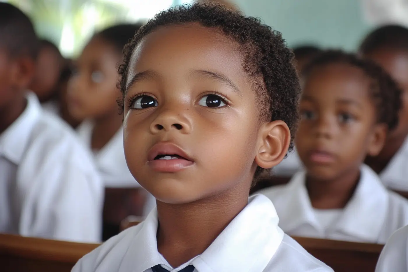 A young learner in a white school shirt looking up attentively in class