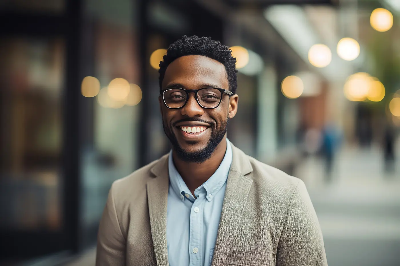 A smiling young professional in glasses and a blazer